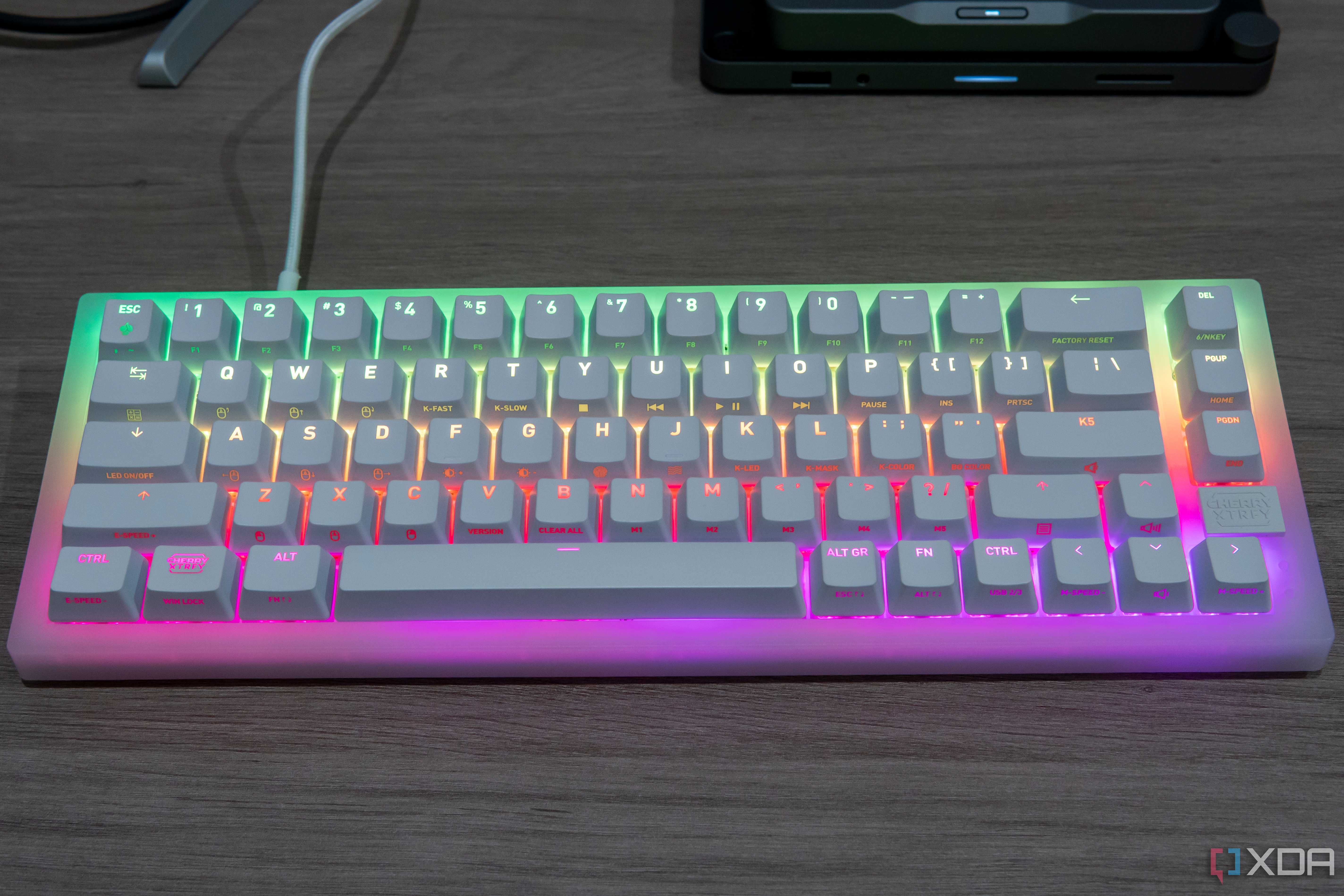 Dront view of the Cherry Xtrfy K5V2 keyboard with RGB lighting in rainbow colors