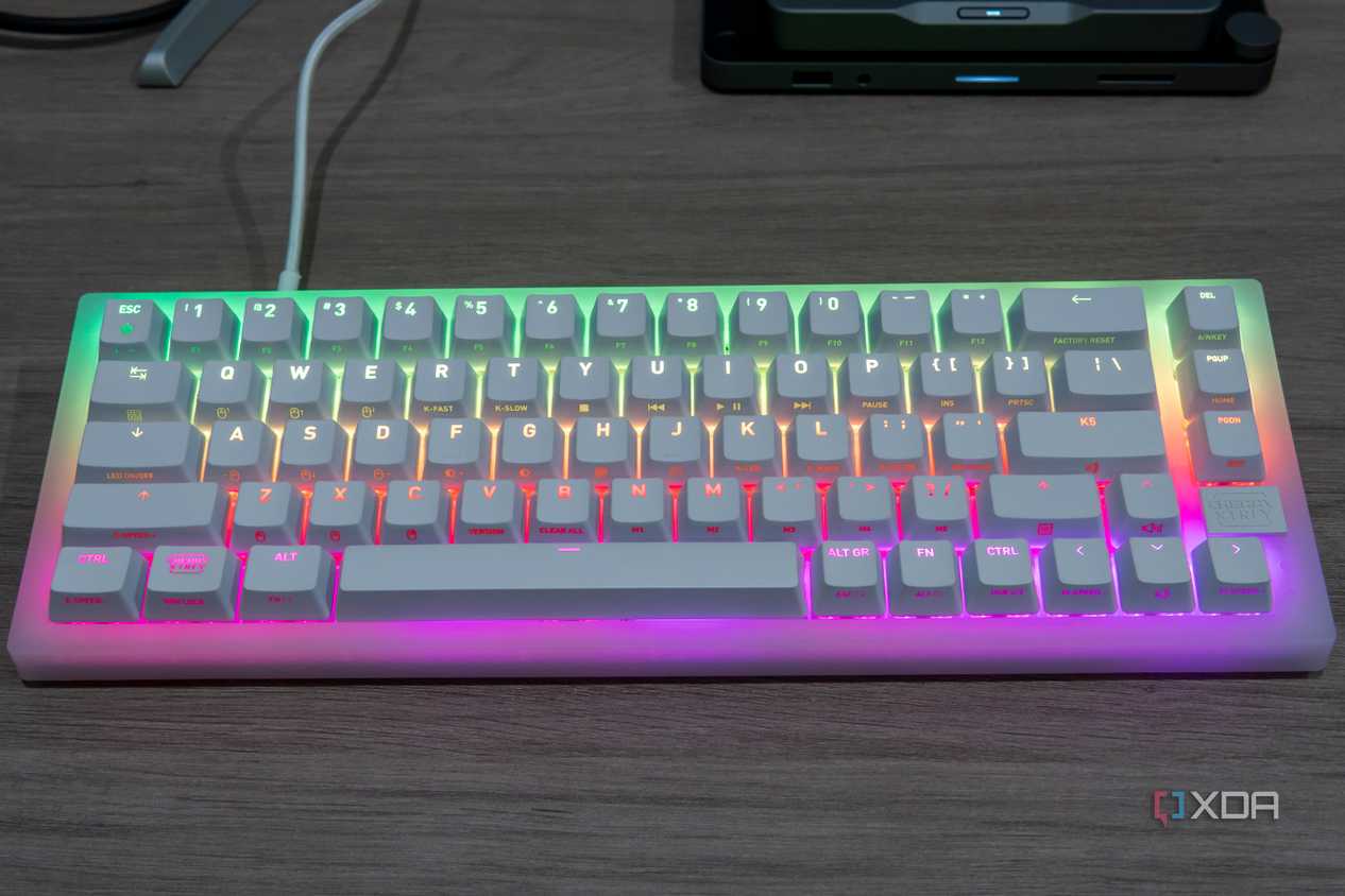 Dront view of the Cherry Xtrfy K5V2 keyboard with RGB lighting in rainbow colors