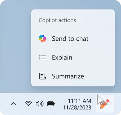 Screenshot of the Copilot icon after the user has copied text on Windows 11 with a menu showing options of what to do with said text