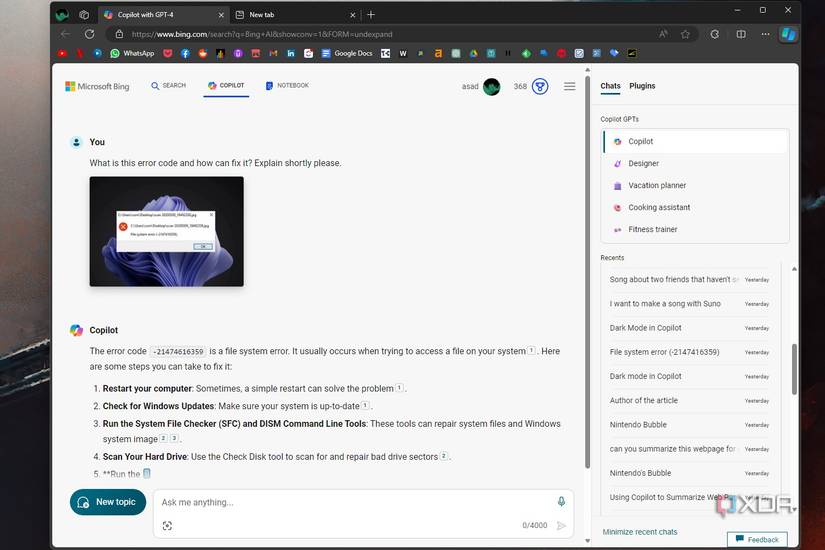 A Microsoft Edge screenshot that shows the user asking Copilot for help with a screenshot of an error code
