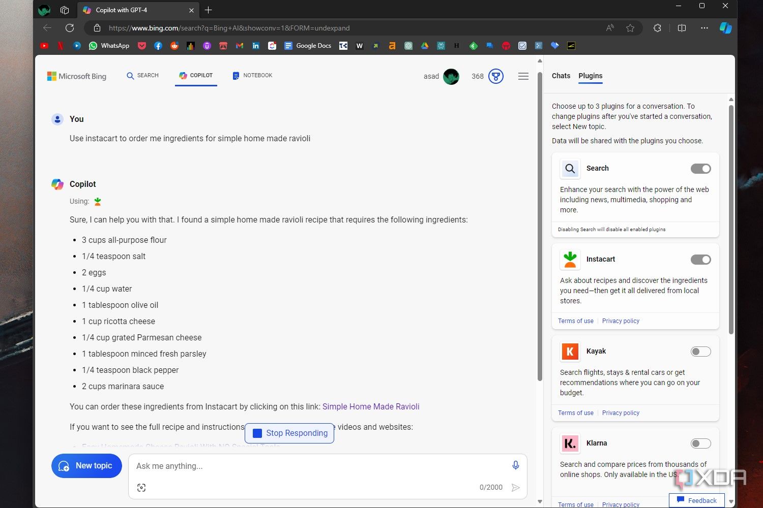 Windows 11 screenshot that shows a Copilot conversation in which Copilot is listing ingredients and giving a link to order said ingredients. 