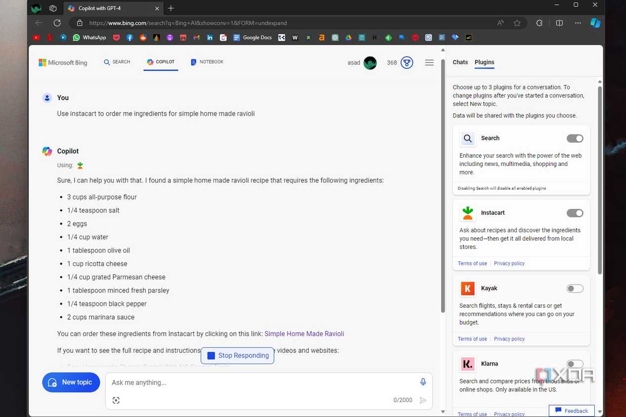 Windows 11 screenshot that shows a Copilot conversation in which Copilot is listing ingredients and giving a link to order said ingredients.