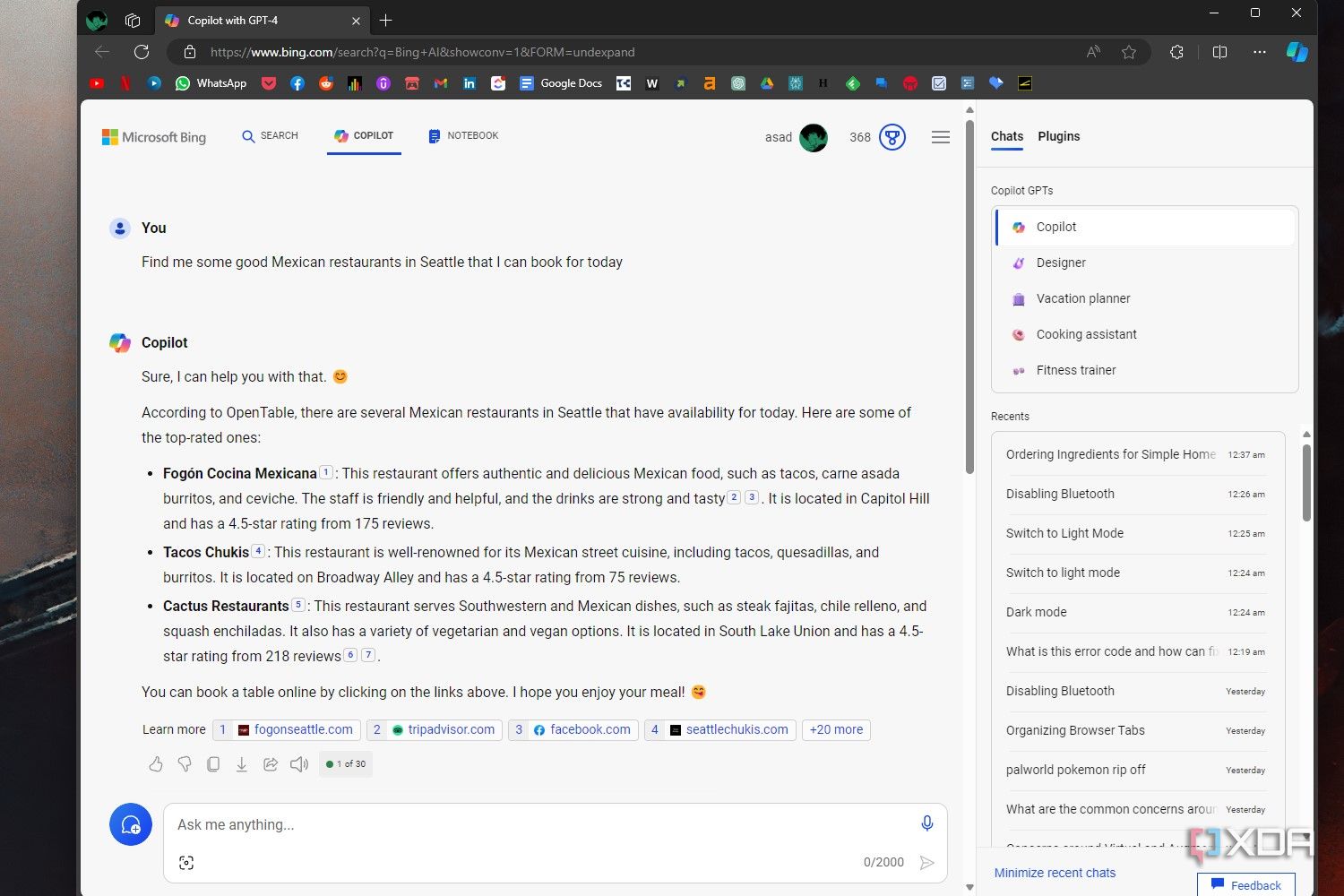 Windows 11 screenshot that shows a Copilot conversation in which Copilot is looking for restaurant reservations in Seattle.