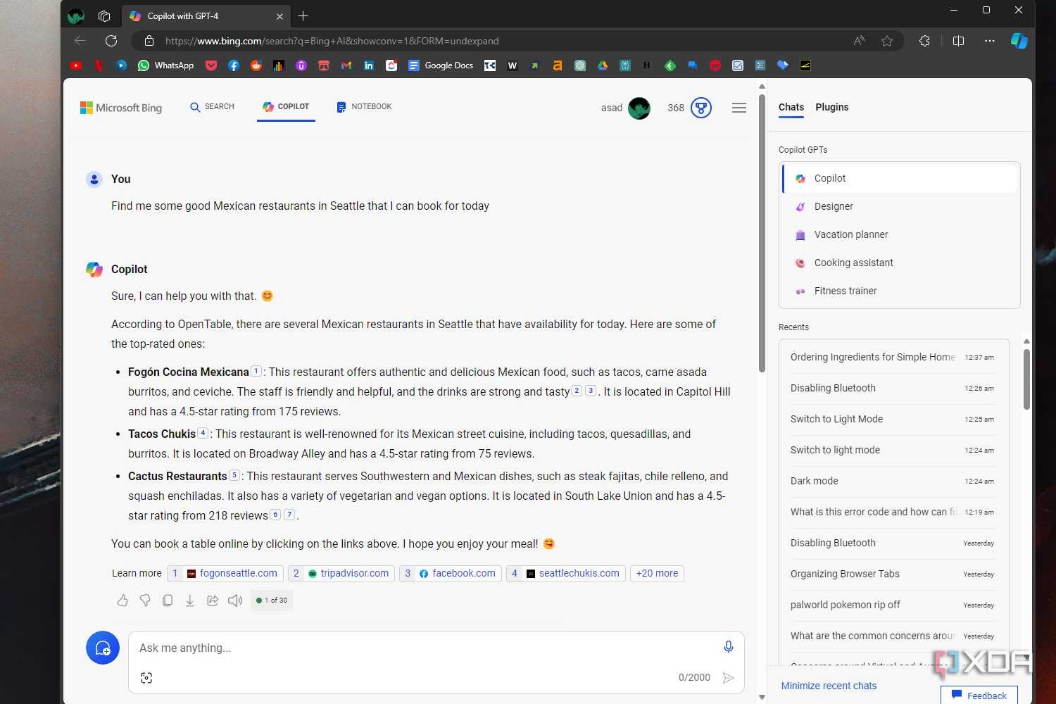 Windows 11 screenshot that shows a Copilot conversation in which Copilot is looking for restaurant reservations in Seattle.