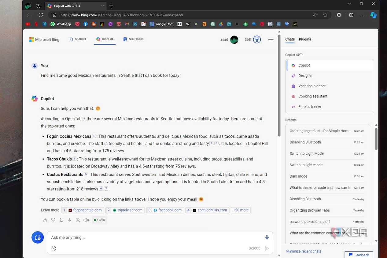 Windows 11 screenshot that shows a Copilot conversation in which Copilot is looking for restaurant reservations in Seattle.