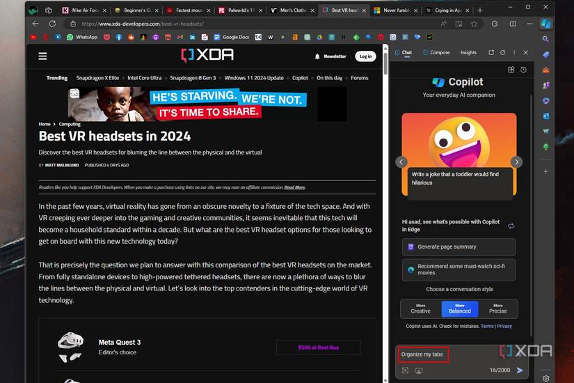 Windows 11 screenshot that shows a user asking Copilot to organize their tabs for them.