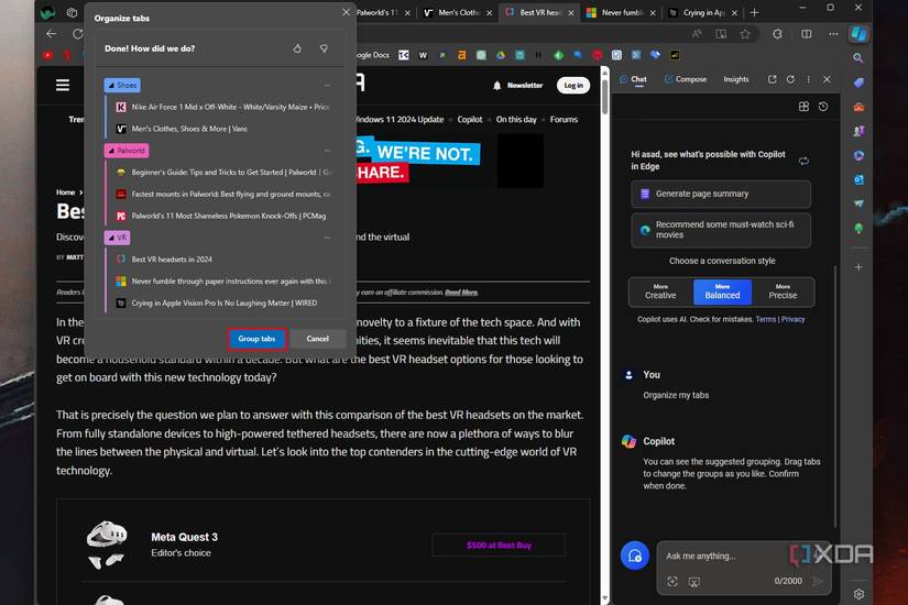Windows 11 screenshot that shows Copilot organizing tabs into tab groups based on topics.