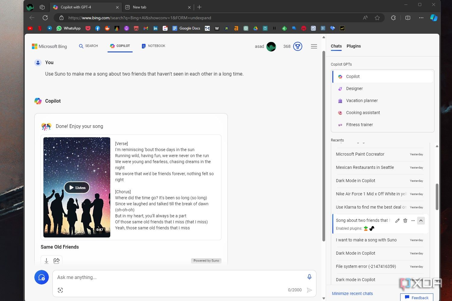 Windows 11 screenshot that shows a Copilot conversation in which Copilot created a song using the prompt from a user.