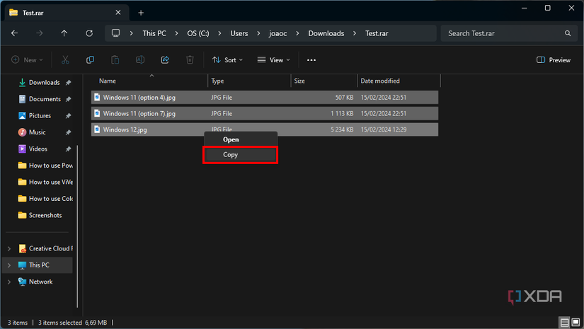 Screenshot of a RAR file open in File Explorer with the option to copy selected files