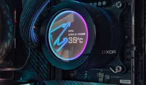An image showing a Gigabyte CPU cooler displaying CPU temperature.