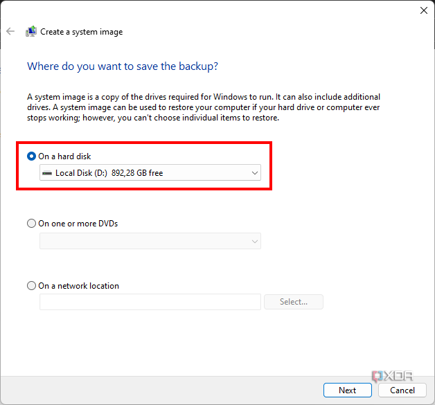 Screenshot of creating a system image in Windows 11 with the backup location set to an external hard disk