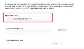 Screenshot of creating a system image in Windows 11 with the backup location set to an external hard disk