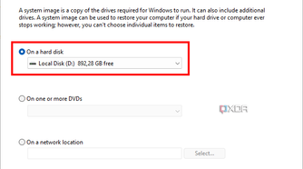 Screenshot of creating a system image in Windows 11 with the backup location set to an external hard disk