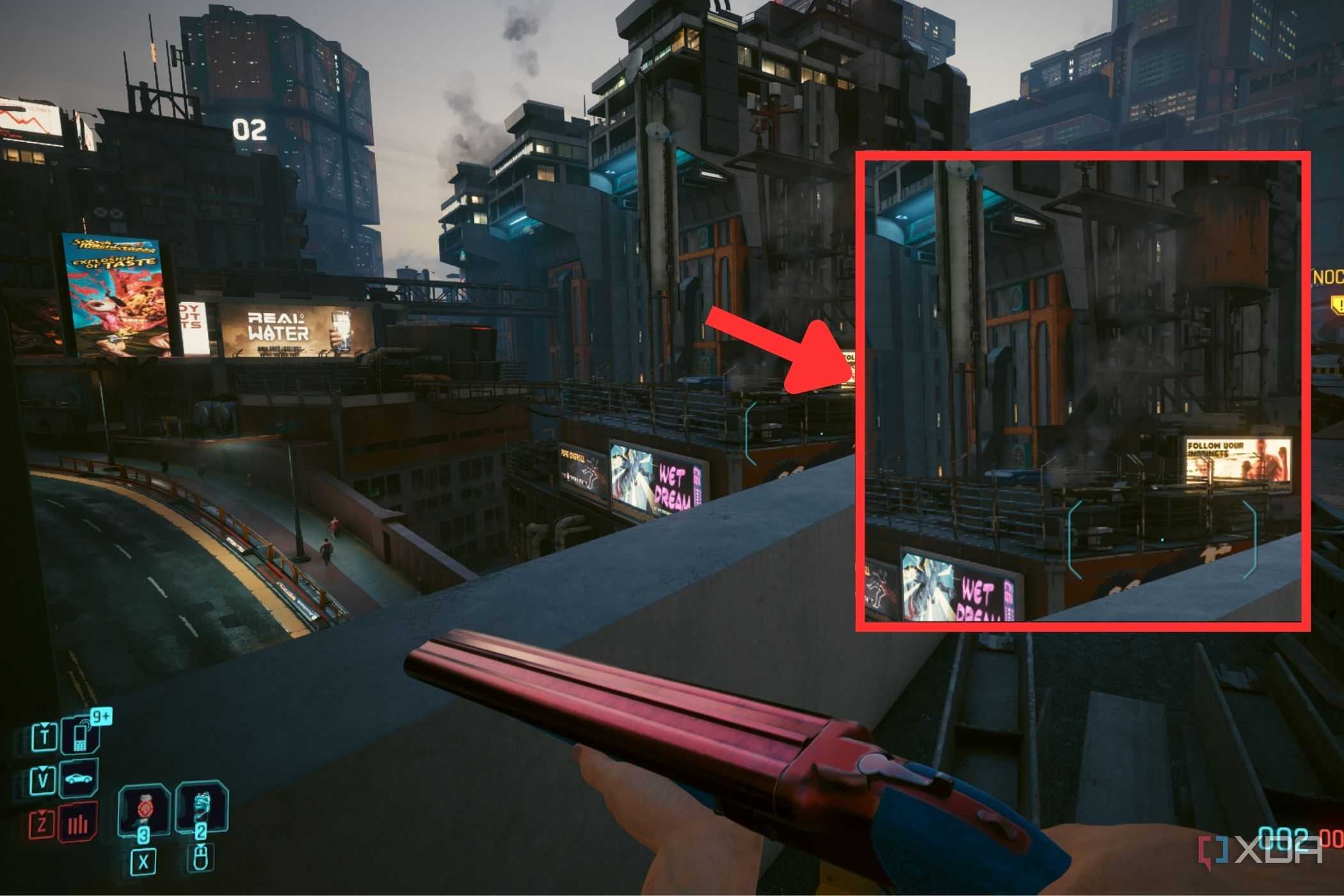 A screenshot showing the Cyberpunk 2077 image quality with DLSS frame generation enabled.