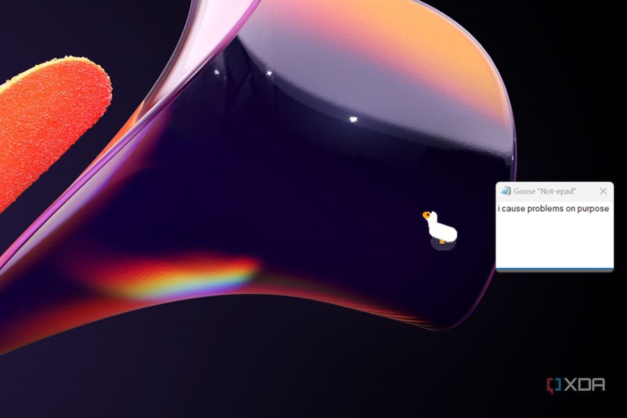 Windows 11 desktop with the goose dragging a meme