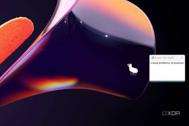 Windows 11 desktop with the goose dragging a meme