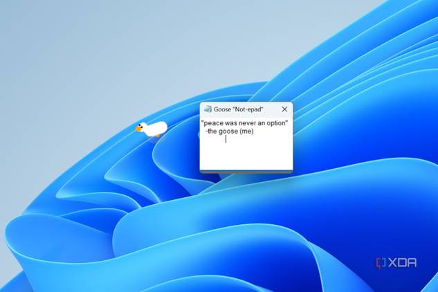Windows 11 desktop with the goose near a meme