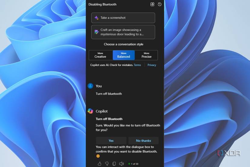Windows 11 Screenshot that shows a user asking Copilot to disable Bluetooth