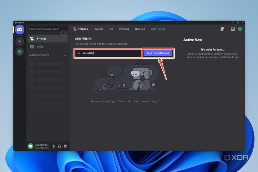 The procedure to send a friend request on Discord