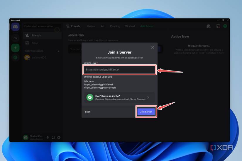 The Invite Link and Join Server options highlighted on Discord