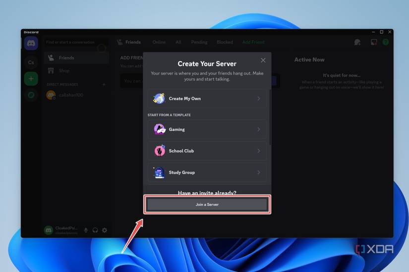 The Join a Server option highlighted on Discord