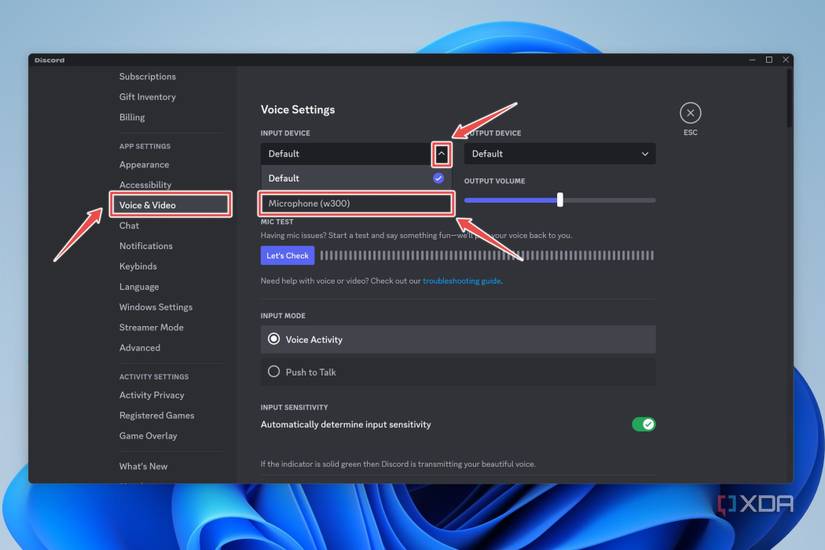 A screenshot of Discord highlighting the user's microphone within the Voice & Video settings 