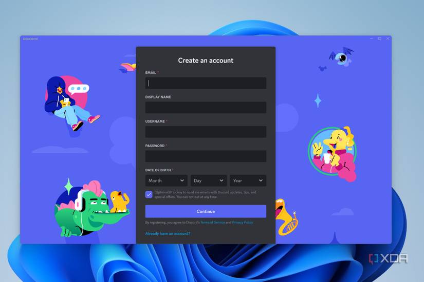 The registration fields inside the Discord app