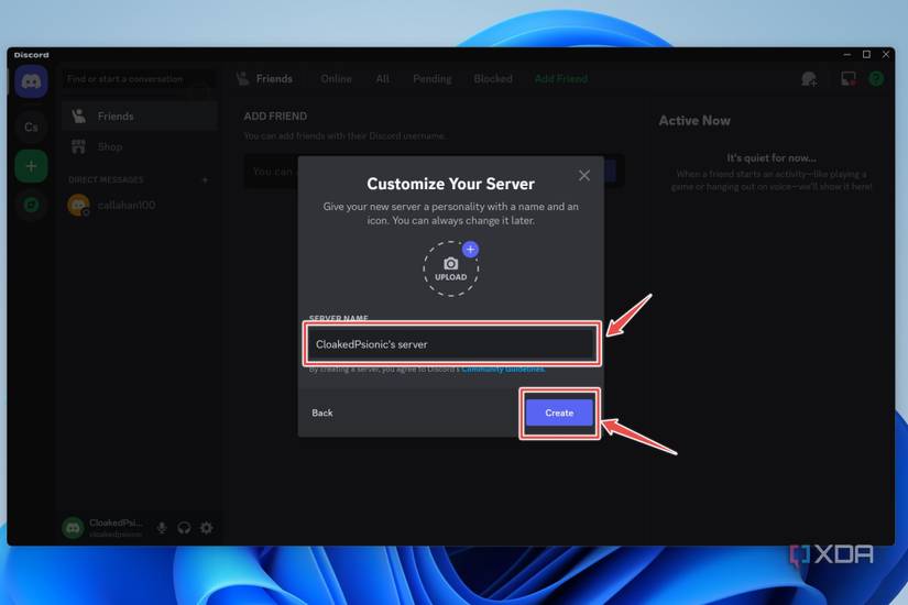 The Server Name and Create options highlighted on Discord