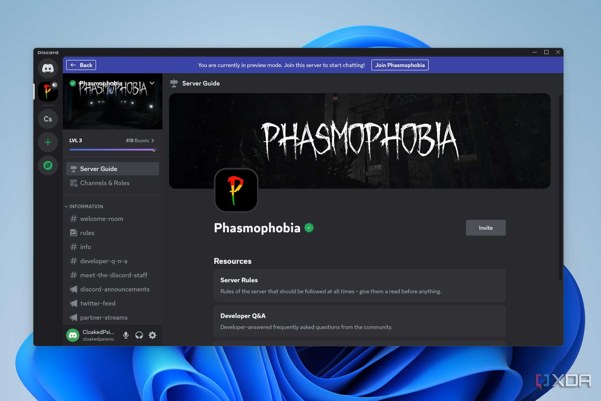 A screenshot of the Phasmophobia server running on Discord