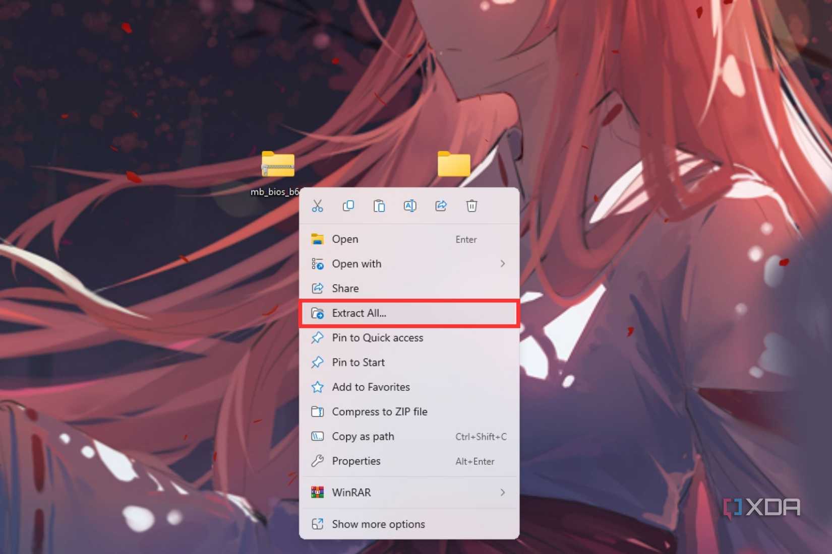 A screenshot showing the option to extract the BIOS file from zip package.