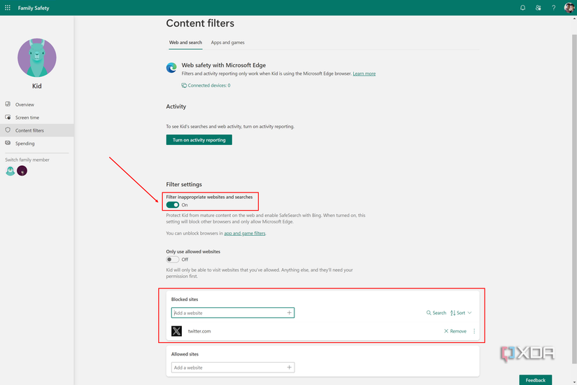 Screenshot of Microsoft Family settings with web and search filters enabled and a list of blocked websites