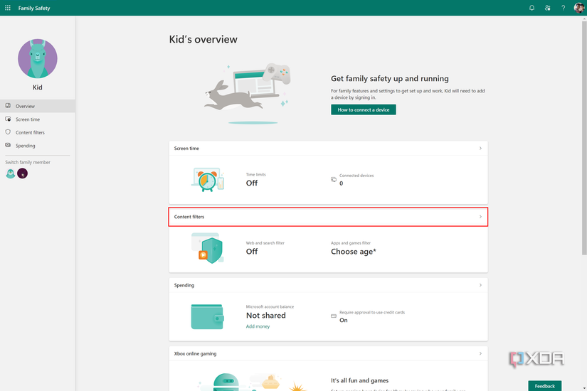 Screenshot of a child's settings in the Microsoft Family website
