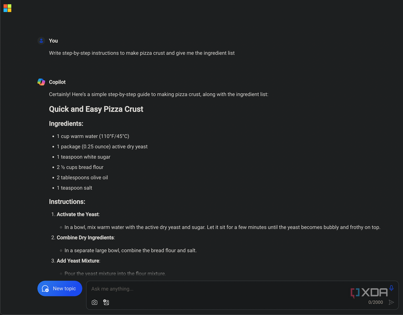 Asking Microsoft Copilot for a recipe to make pizza dough