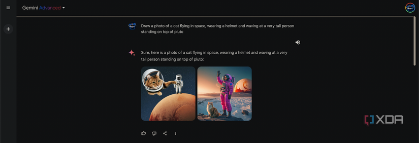 Asking Gemini Advanced to make an image of "a cat flying in space, wearing a helmet and waving at a very tall person standing on top of pluto"