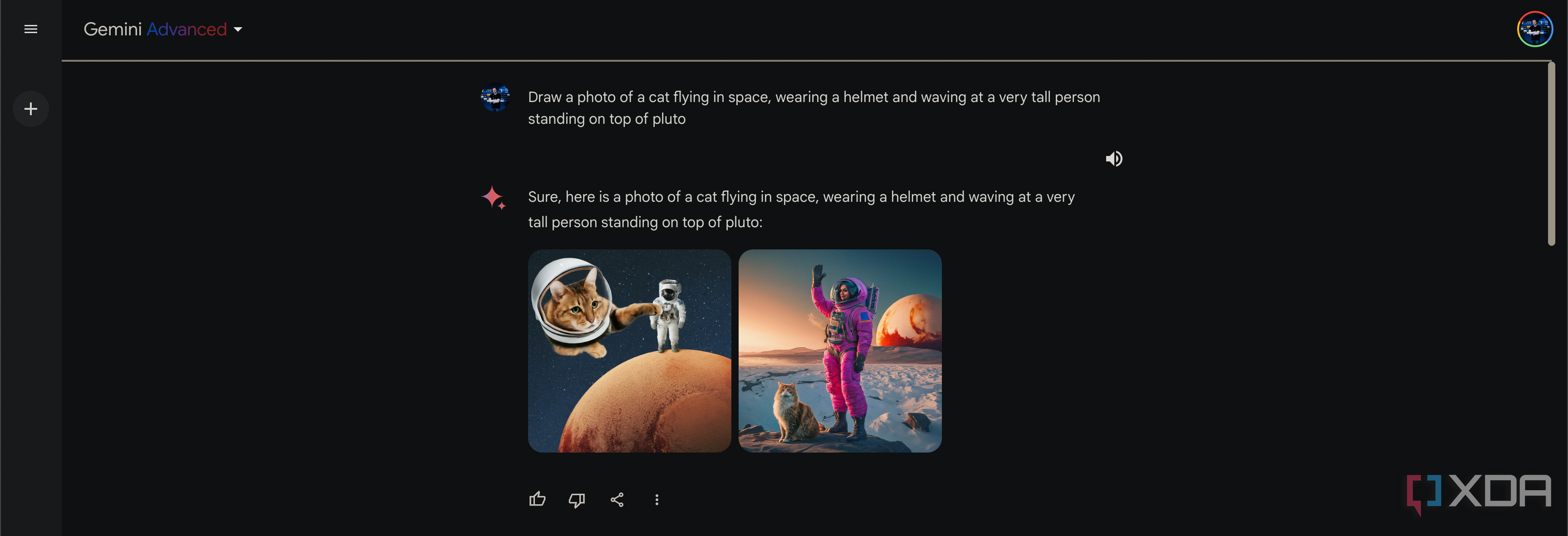 Asking Gemini Advanced to make an image of "a cat flying in space, wearing a helmet and waving at a very tall person standing on top of pluto"