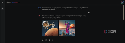 Asking Gemini Advanced to make an image of "a cat flying in space, wearing a helmet and waving at a very tall person standing on top of pluto"