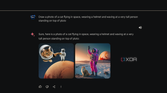 Asking Gemini Advanced to make an image of "a cat flying in space, wearing a helmet and waving at a very tall person standing on top of pluto"