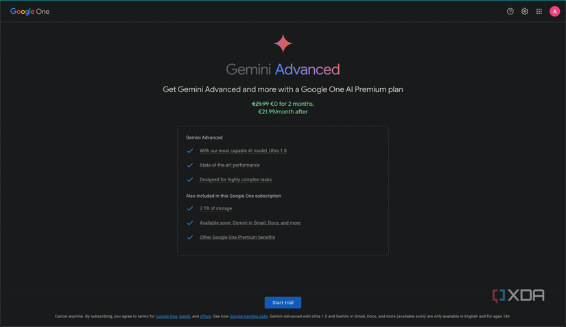 Gemini ADvanced payment page showing the two-month free trial