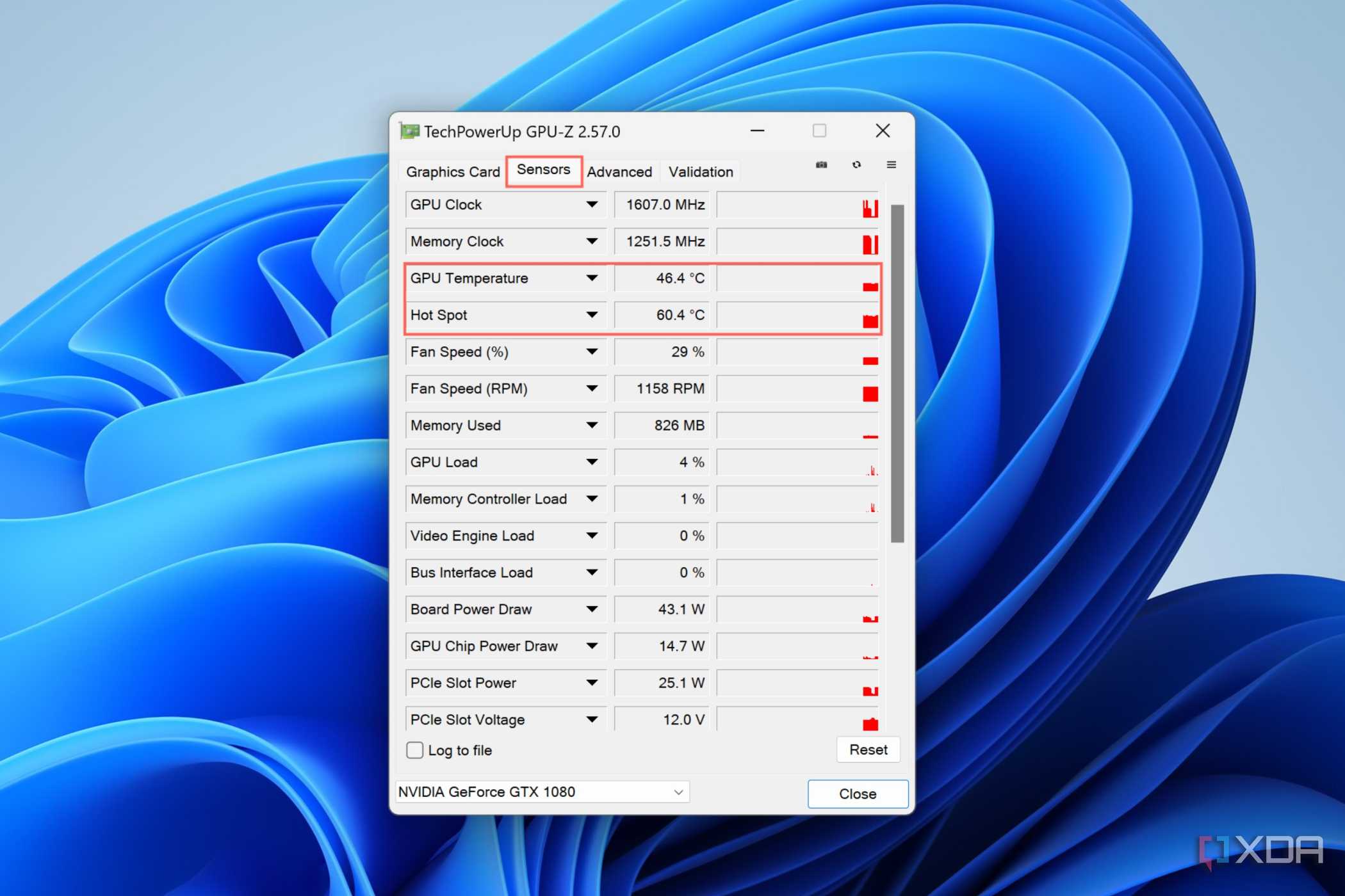 A screenshot of GPU-Z depicting the GPU sensors