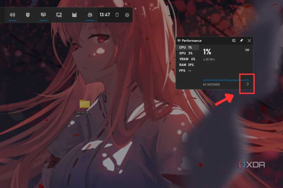 An image showing the highlighted arrow button to collapse the performance window on Xbox Game bar.