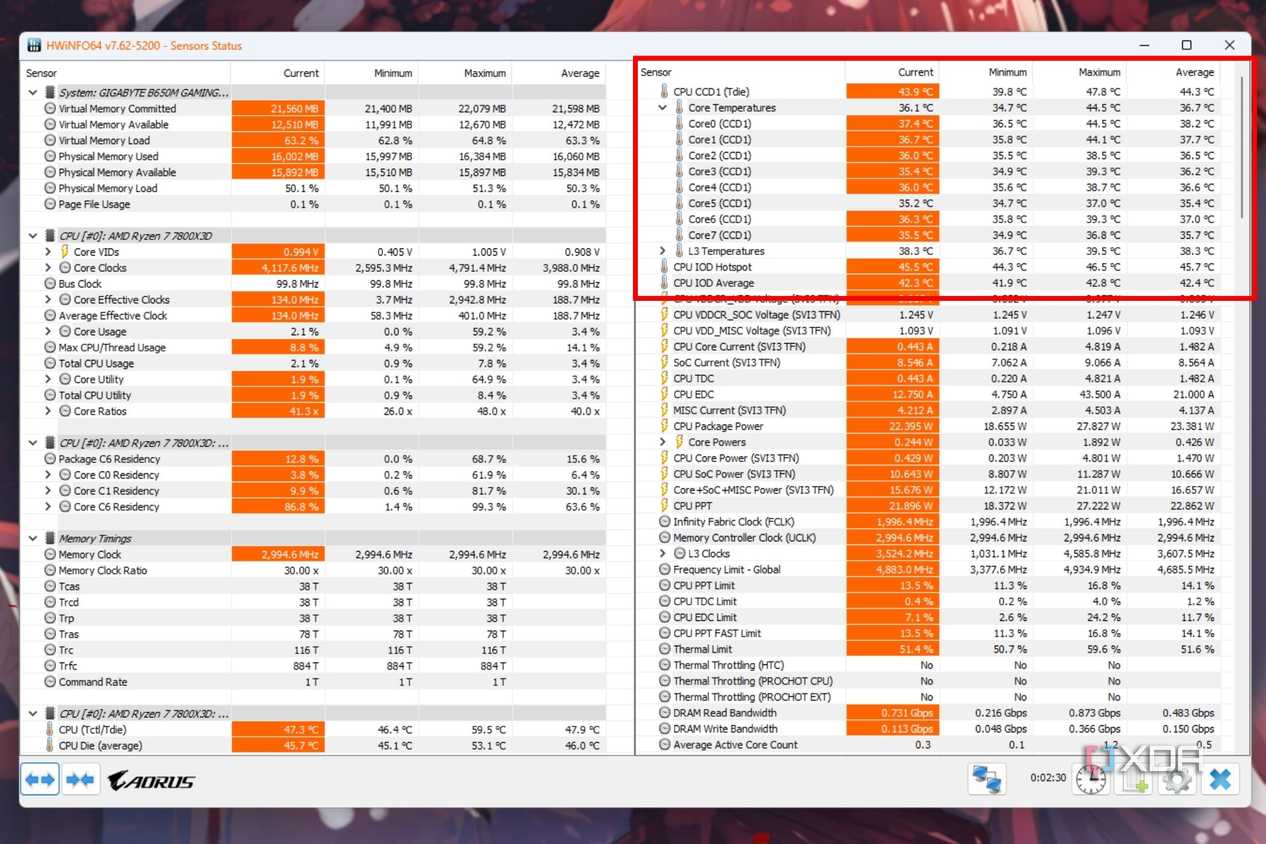 A screenshot showing the highlighted CPU die and core temperatures in HWiNFO64.