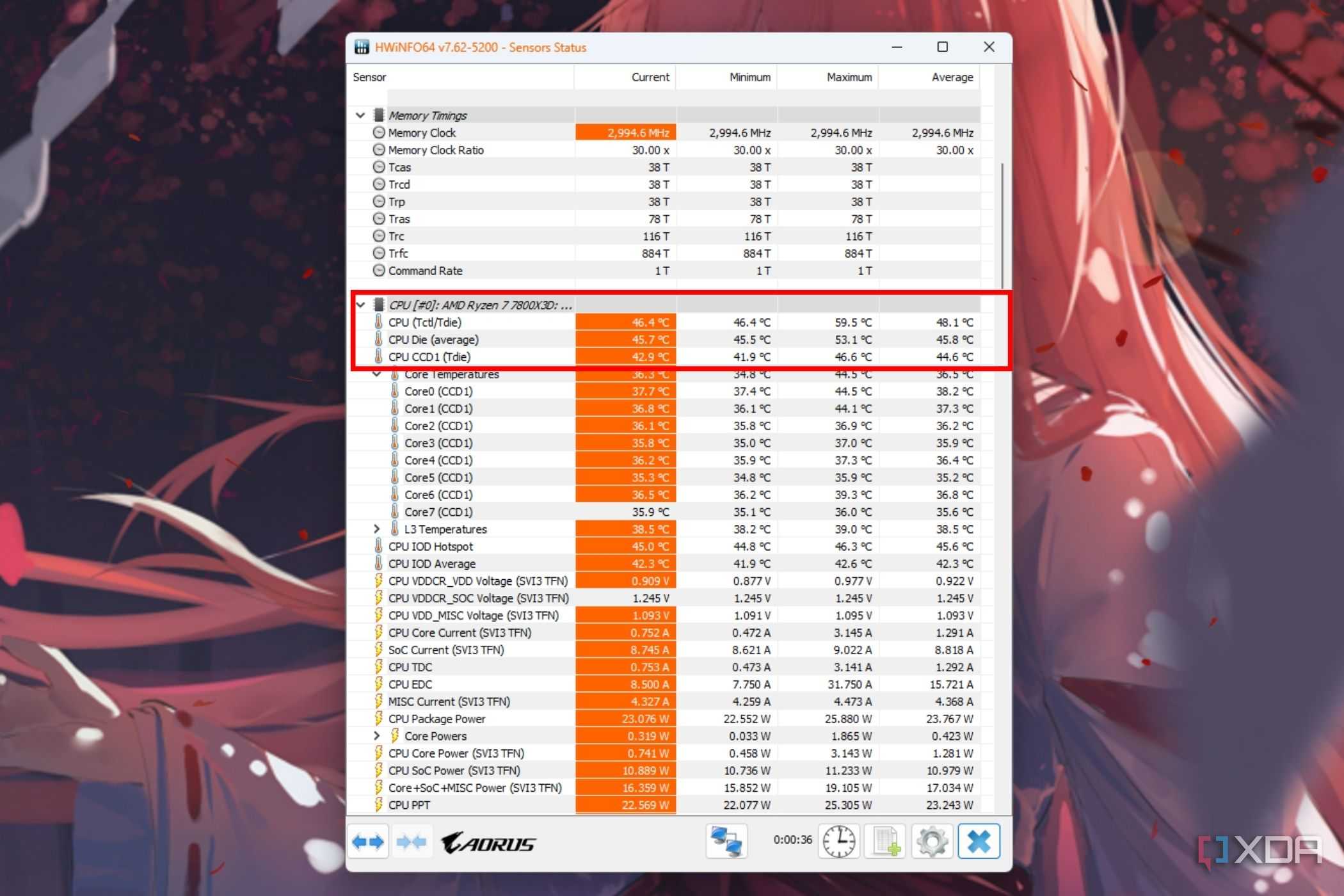 A screenshot showing the highlighted CPU temperatures in HWiNFO64 program.