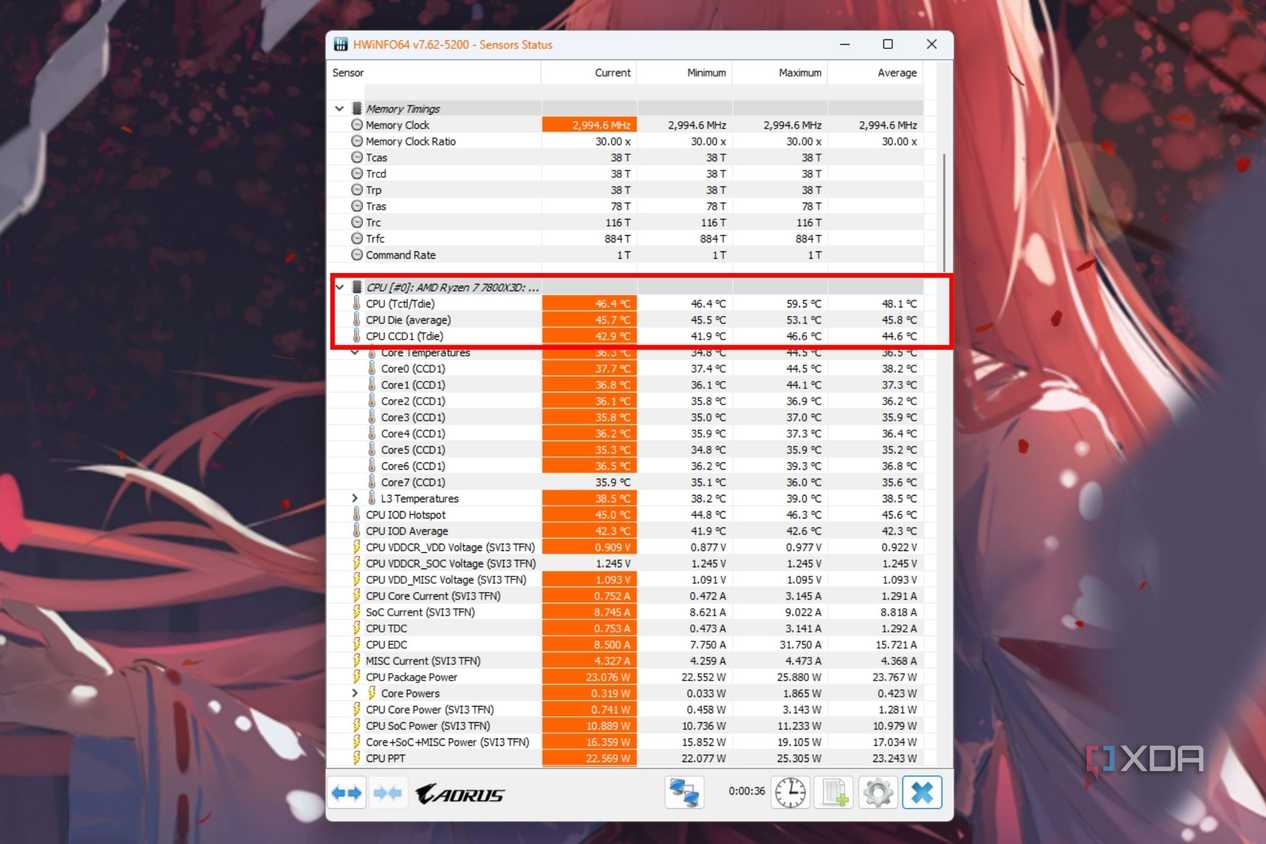 A screenshot showing the highlighted CPU temperatures in HWiNFO64 program.
