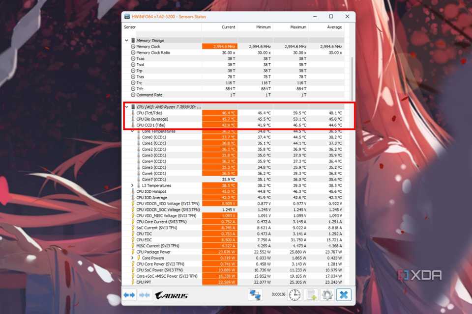 A screenshot showing the highlighted CPU temperatures in HWiNFO64 program.