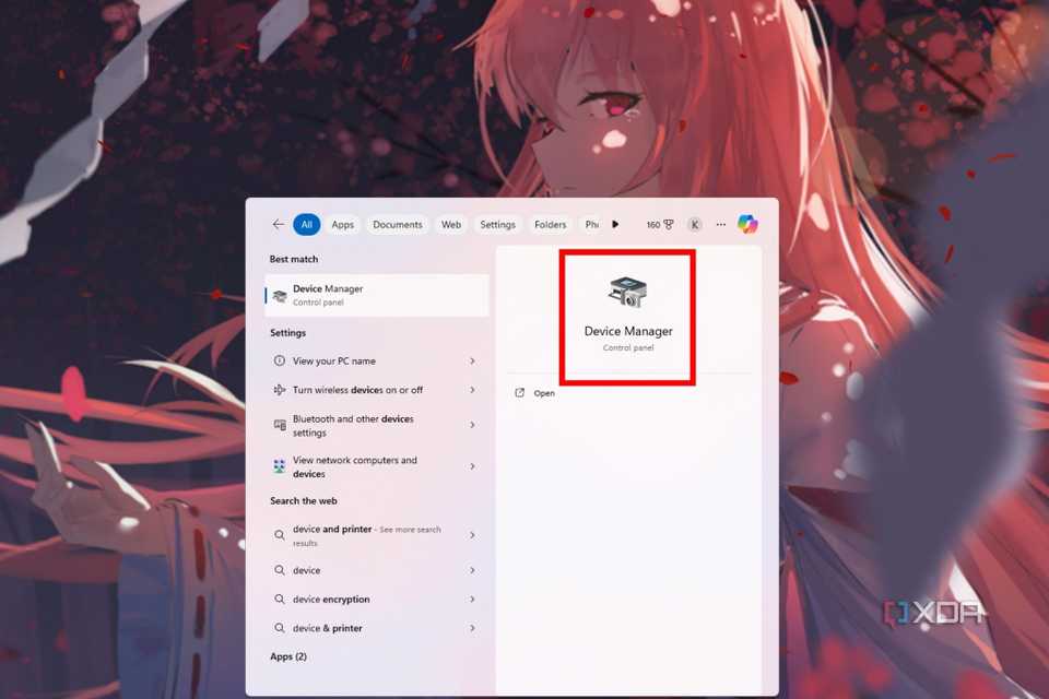 A screenshot showing the highlighted Device Manager option in Windows Start menu.