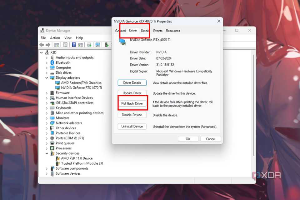 A screenshot showing the highlighted driver tab and the roll back button in graphics properties window.