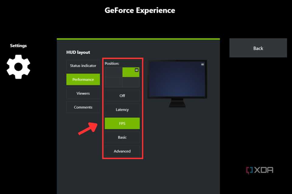 A screenshot showing the highlighted fps counter position box in GeForce Experience.