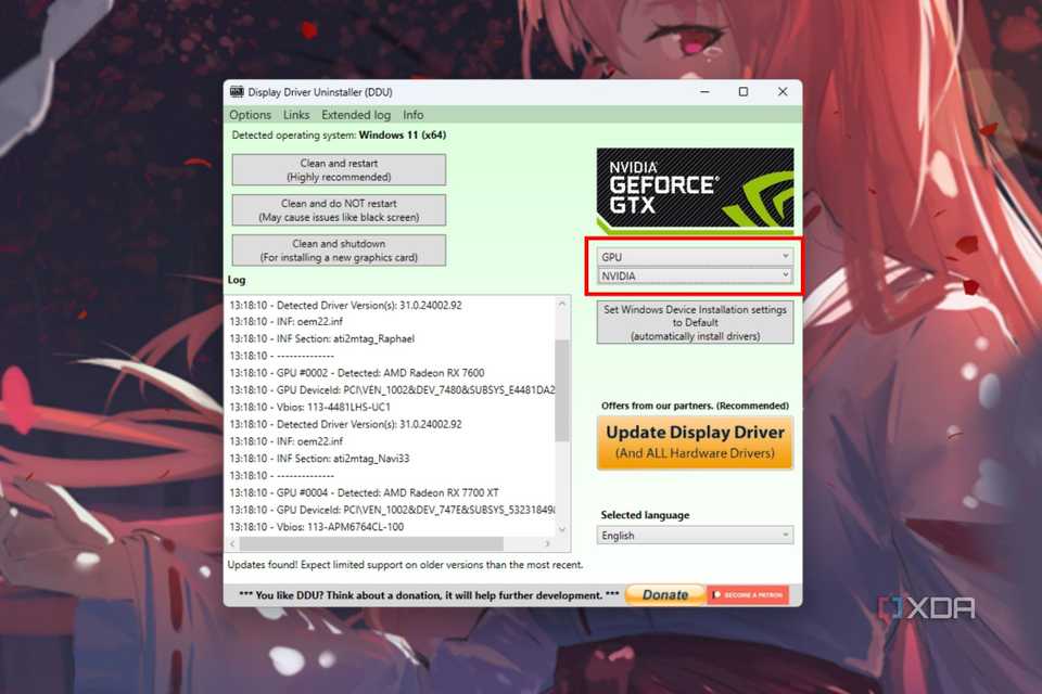 A screenshot showing the highlighted GPU dropdown option in DDU utility.