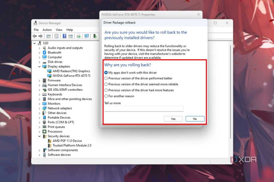 A screenshot showing the highlighted options in the roll back confirmation screen.