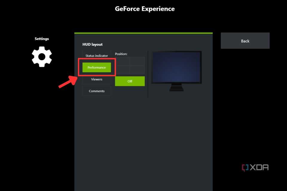 A screenshot showing the highlighted Performance button in GeForce Experience.